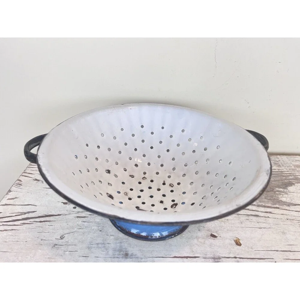 Vintage Enamelware Rustic Colander Strainer Robin’s Egg Blue Made In Poland 13”